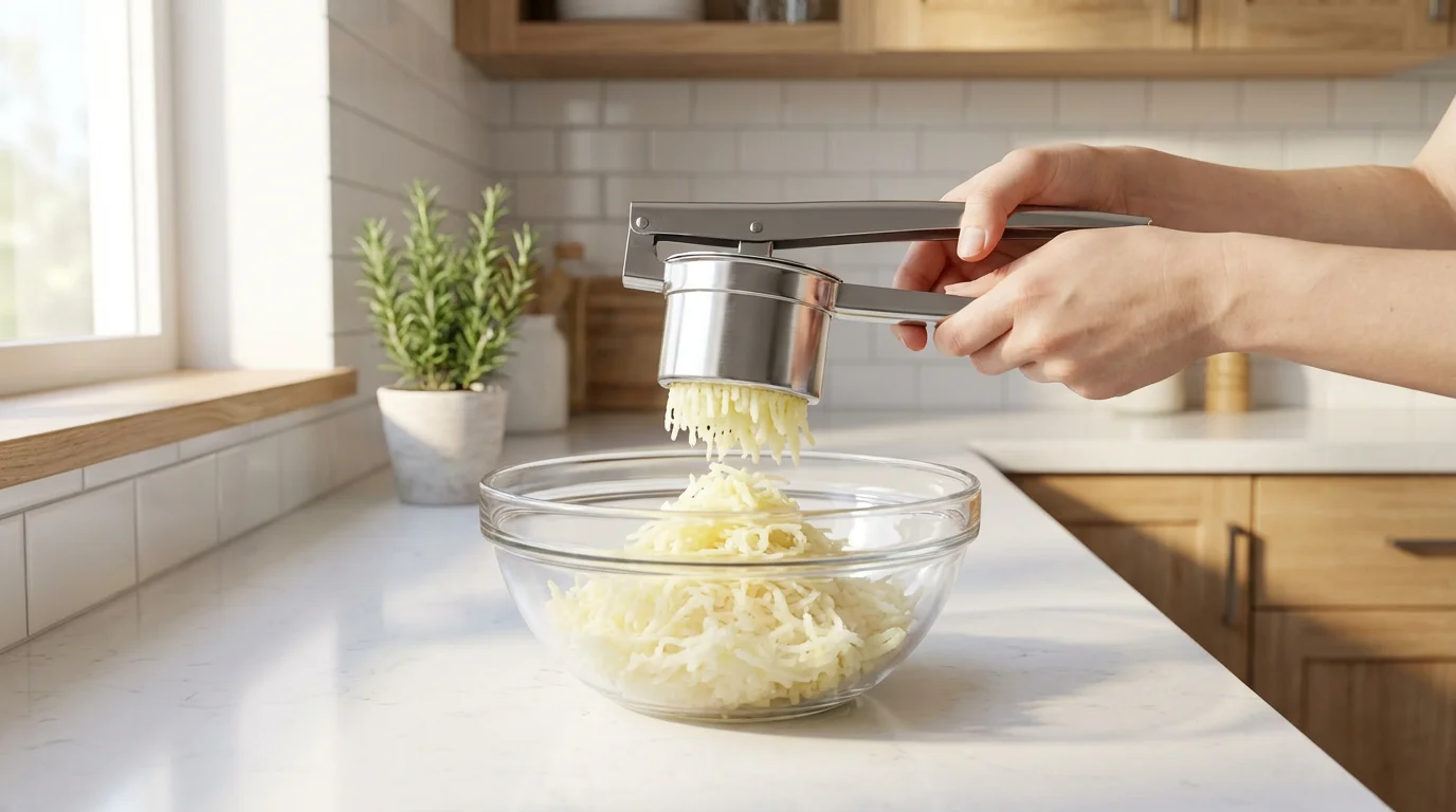 A person uses a potato ricer to make fluffy mashed potatoes in a modern kitchen.