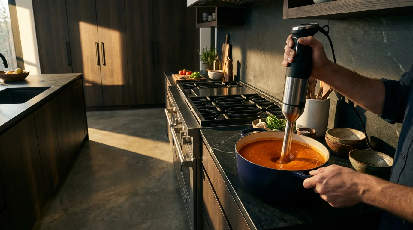 A person uses a powerful immersion blender to puree a thick orange soup in a pot.