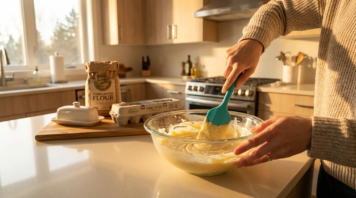 A person uses a teal silicone spatula to scrape batter from a bowl in a sunlit kitchen.