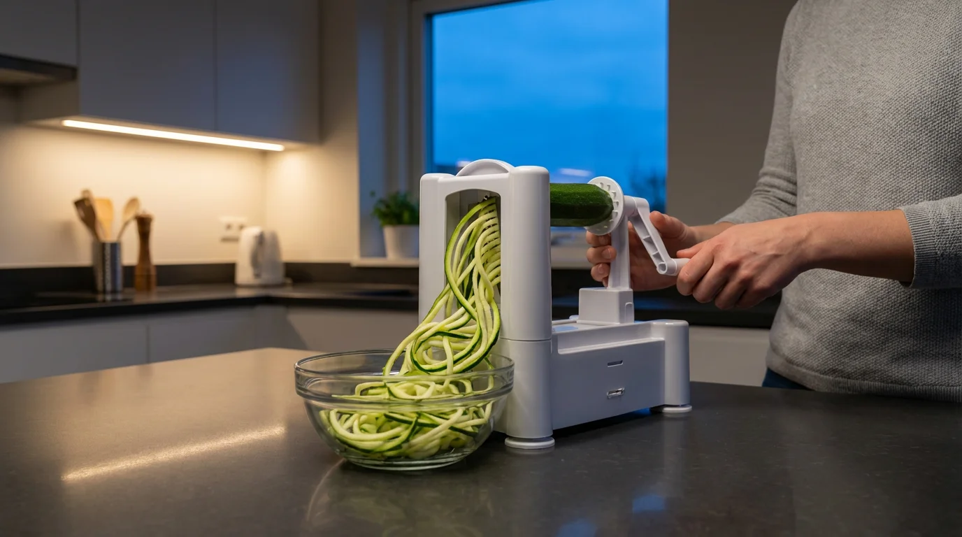 A person using a countertop spiralizer to make zucchini noodles in a kitchen at twilight.