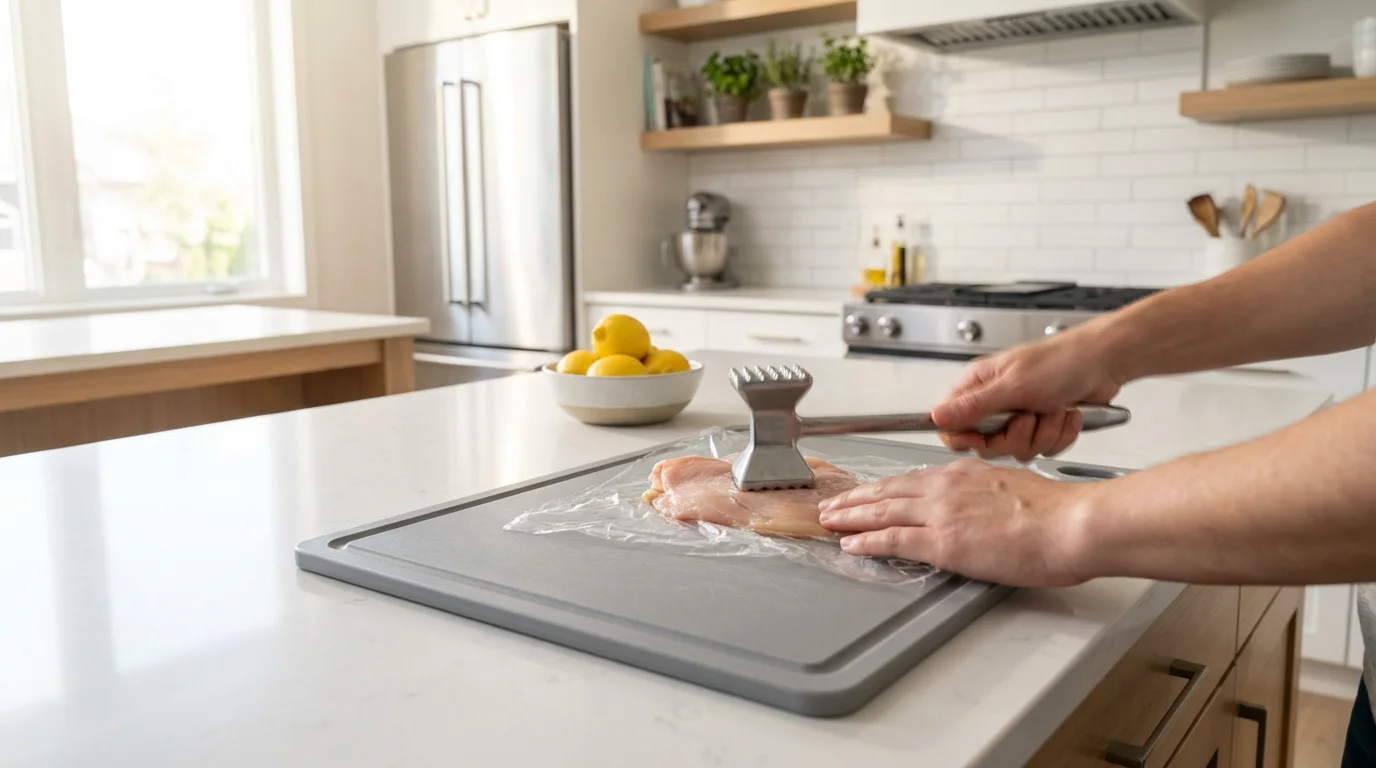 A person using a meat mallet to tenderize a chicken breast in a modern kitchen.