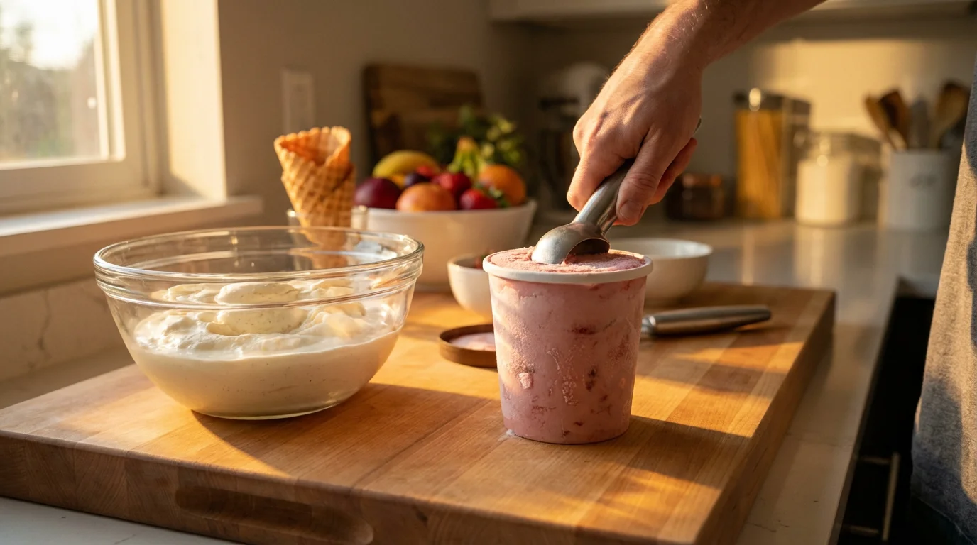 A person using a metal scoop on hard ice cream next to soft ice cream.