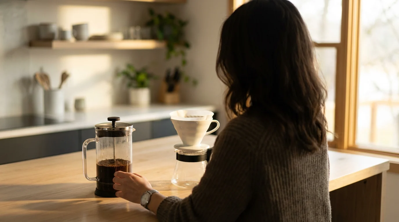 A person viewed from over the shoulder comparing a French press and pour-over coffee maker.