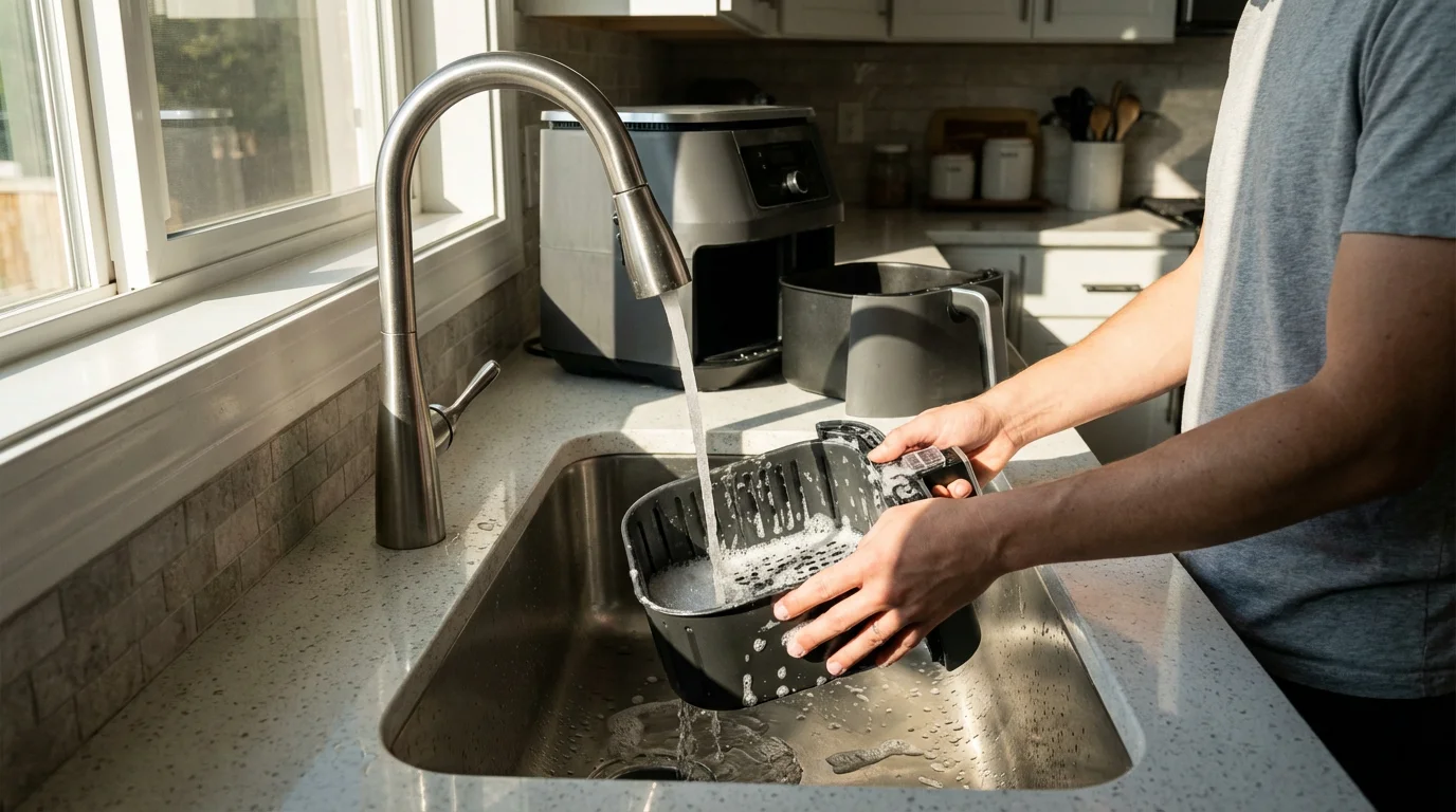 A person washing air fryer components in a modern kitchen sink in afternoon light.