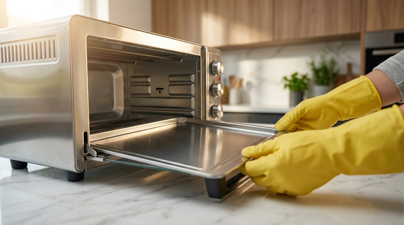 A person wearing yellow gloves slides a clean crumb tray from a toaster oven.