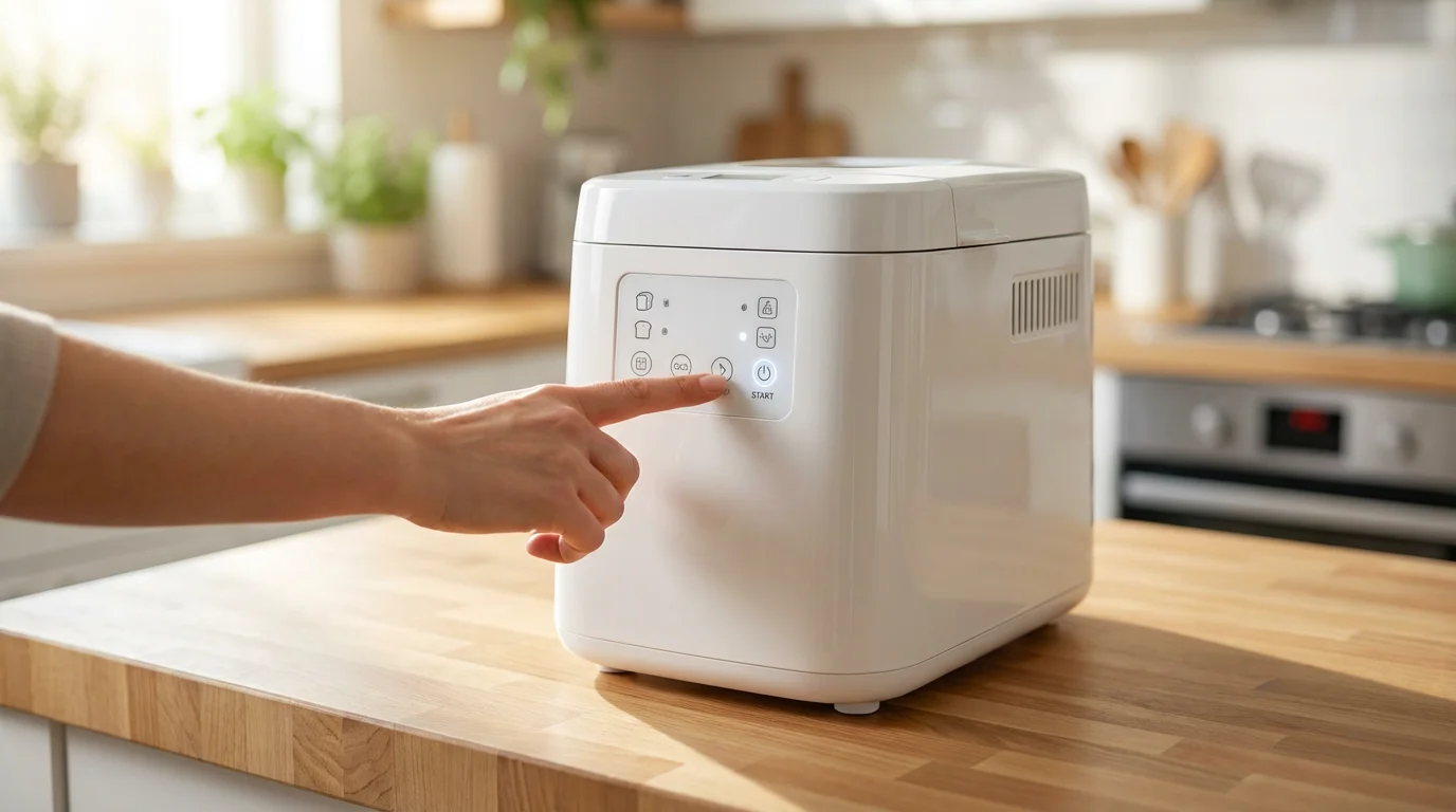 A person's finger pressing the start button on a modern, user-friendly bread machine.