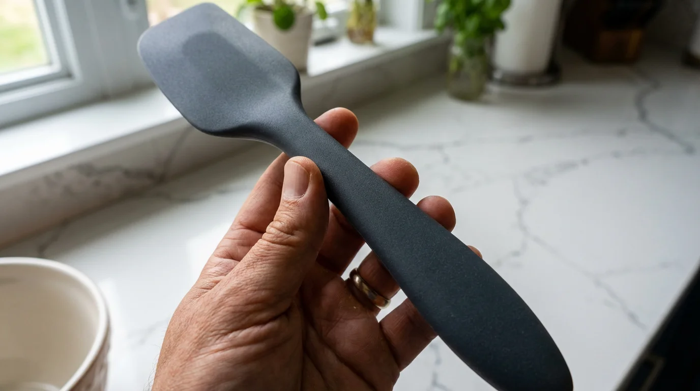 A person's hand comfortably gripping an ergonomic silicone spatula in a modern kitchen.