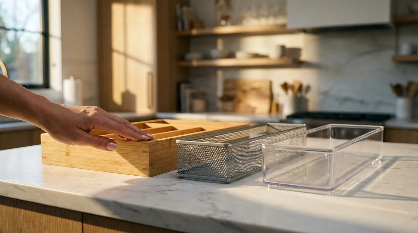 A person's hand compares bamboo, metal mesh, and acrylic utensil organizers on a countertop.