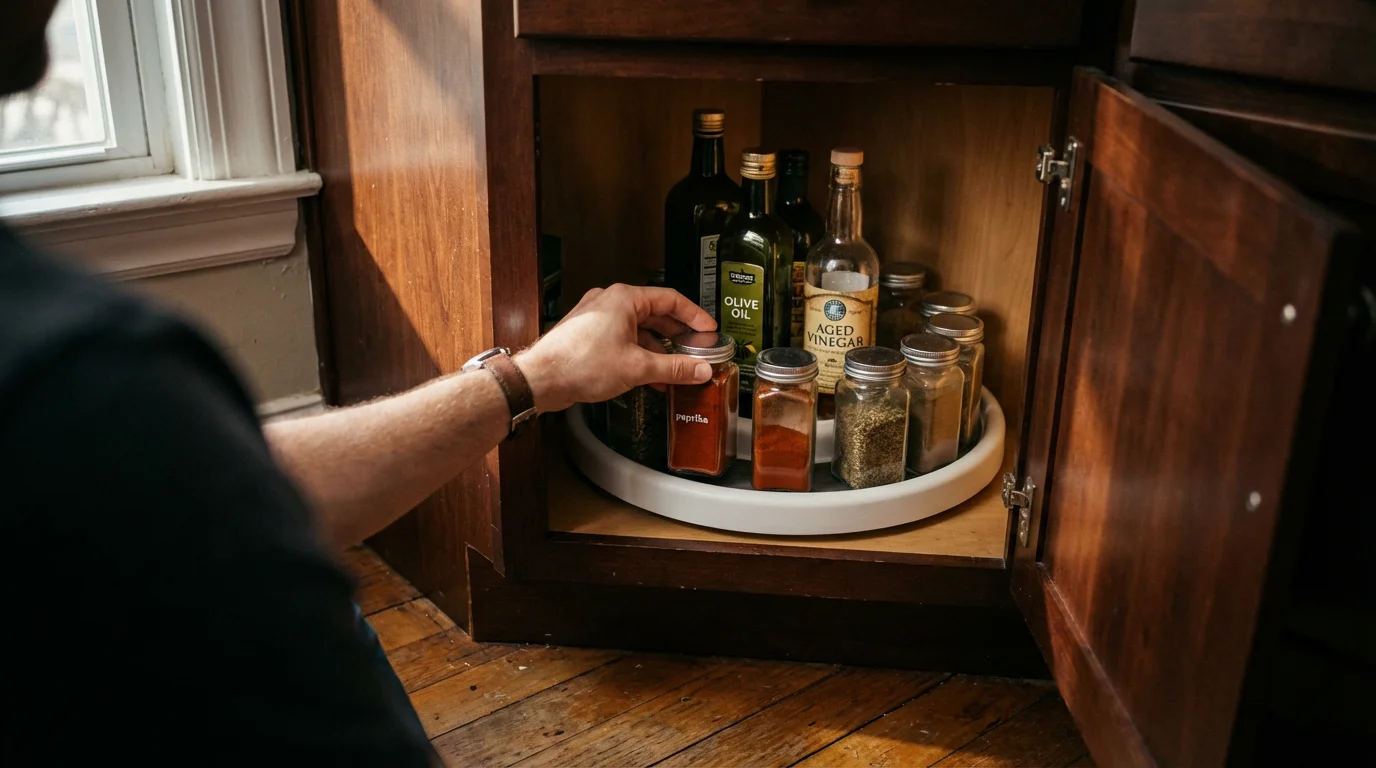 A person's hand organizing spice jars on a white lazy susan in a cabinet.