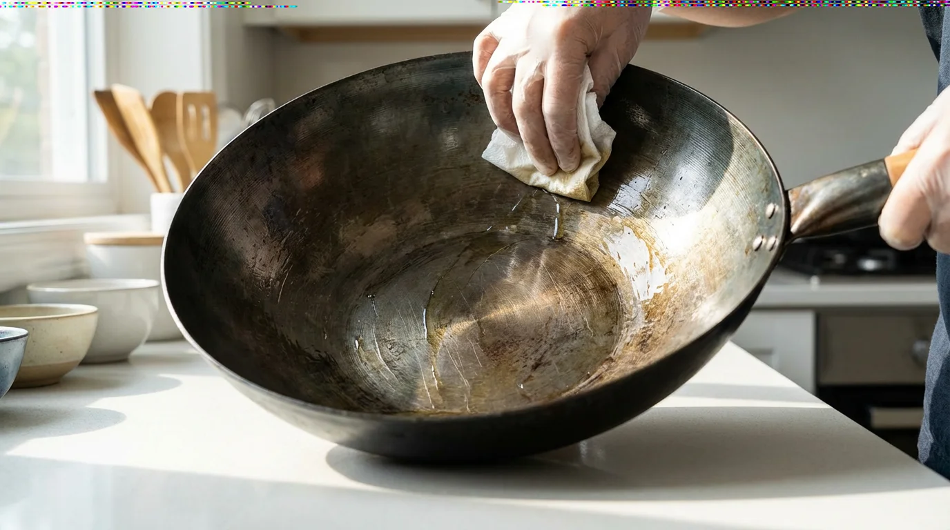 A person's hands applying a protective layer of oil inside a seasoned carbon wok.