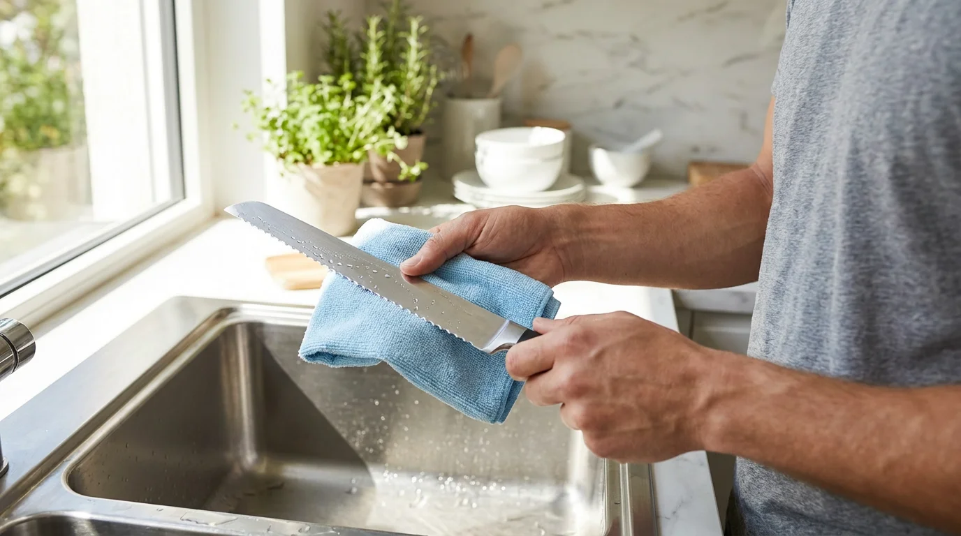 A person's hands carefully cleaning a serrated bread knife blade with a cloth.