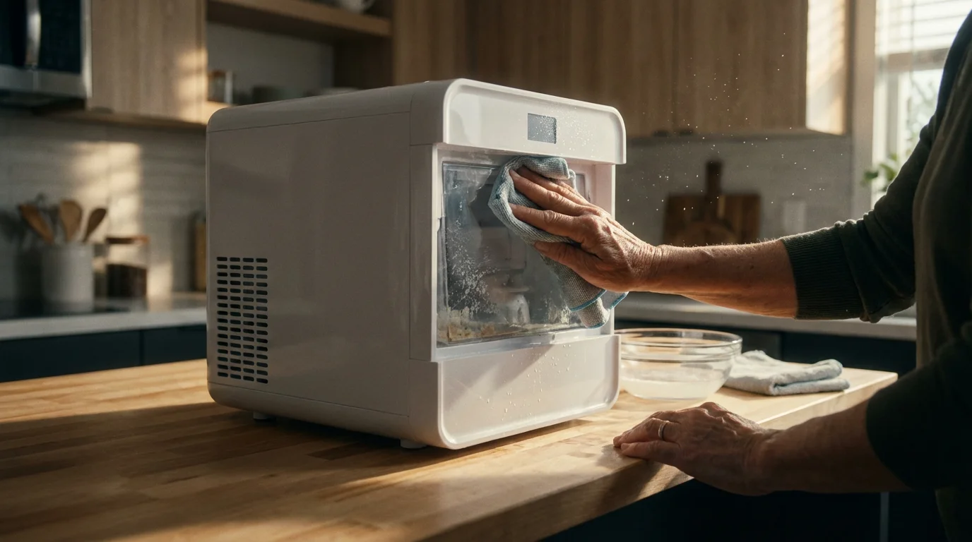 A person's hands carefully cleaning the inside of a white countertop ice maker.