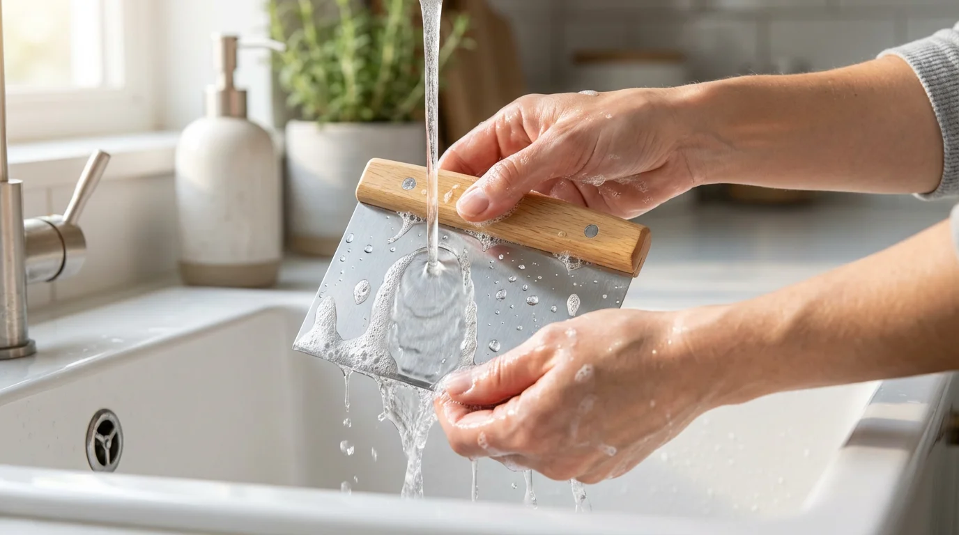 A person's hands carefully hand-washing a stainless steel bench scraper in a kitchen sink.