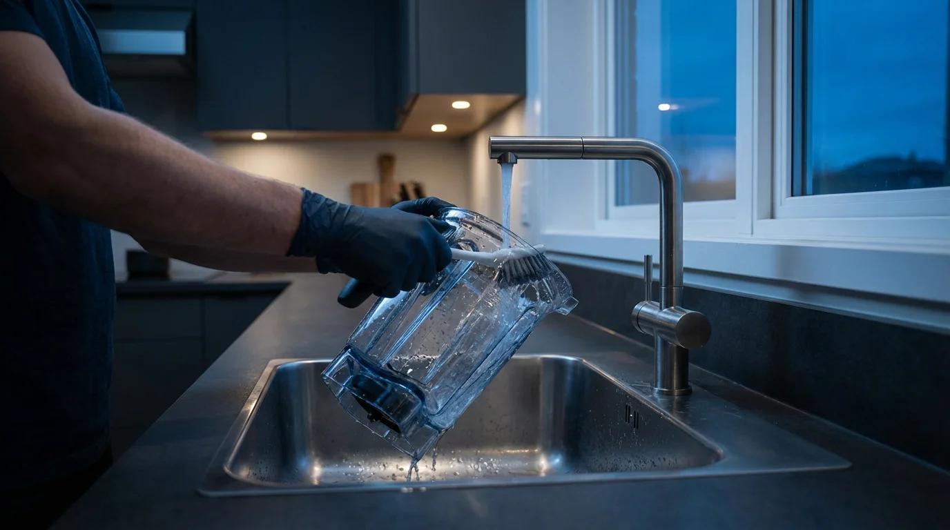 A person's hands carefully washing a glass blender pitcher in a modern kitchen sink.