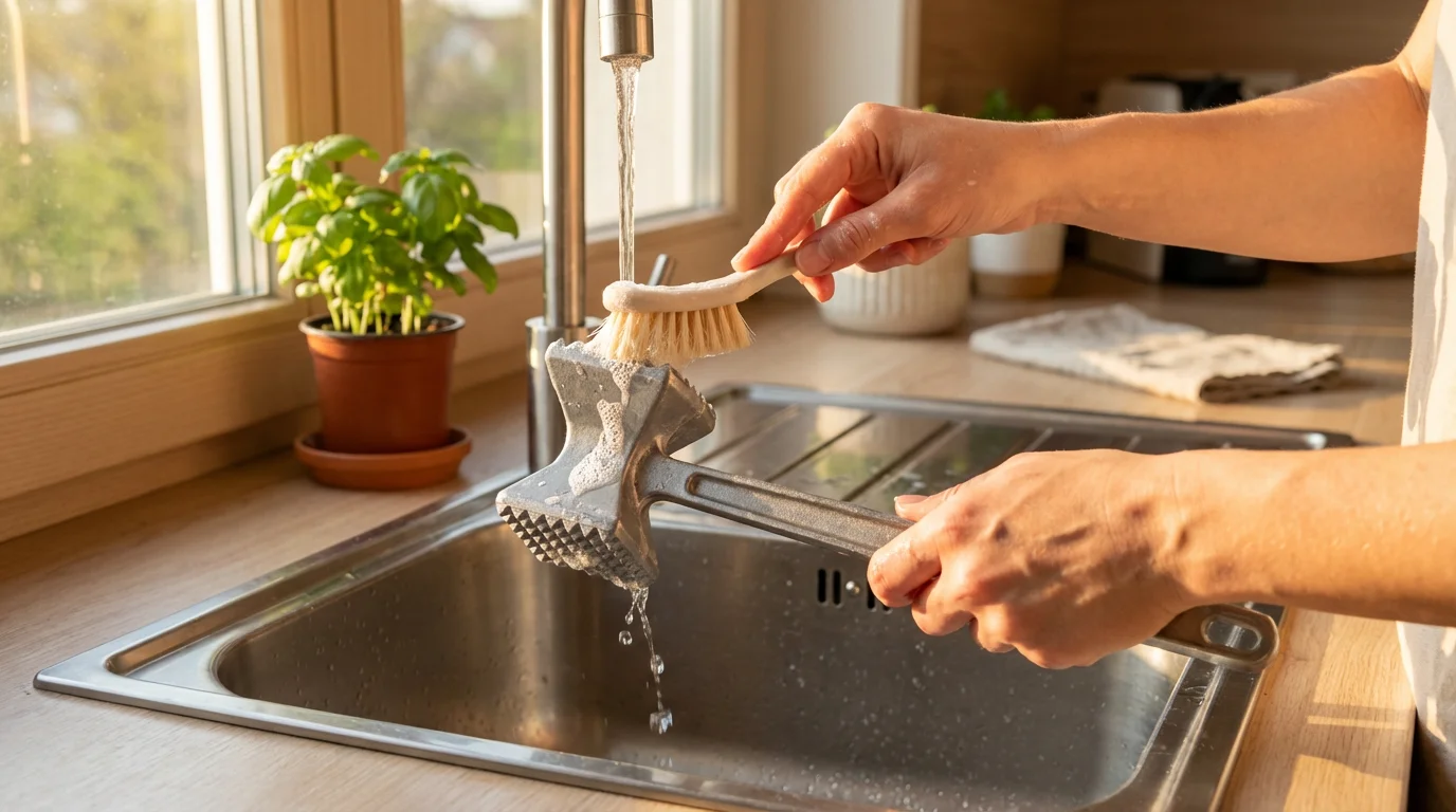 A person's hands carefully washing a metal meat mallet in a sunlit kitchen sink.