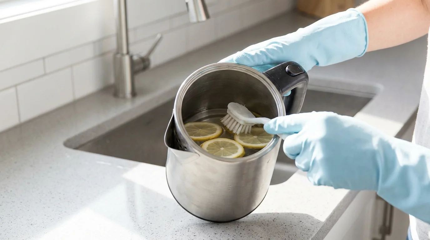 A person's hands cleaning the inside of a stainless steel electric kettle with lemons.