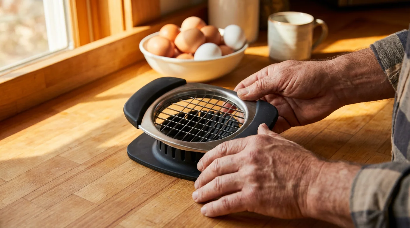 A person's hands comfortably holding an ergonomic egg slicer in a warm, sunlit kitchen.