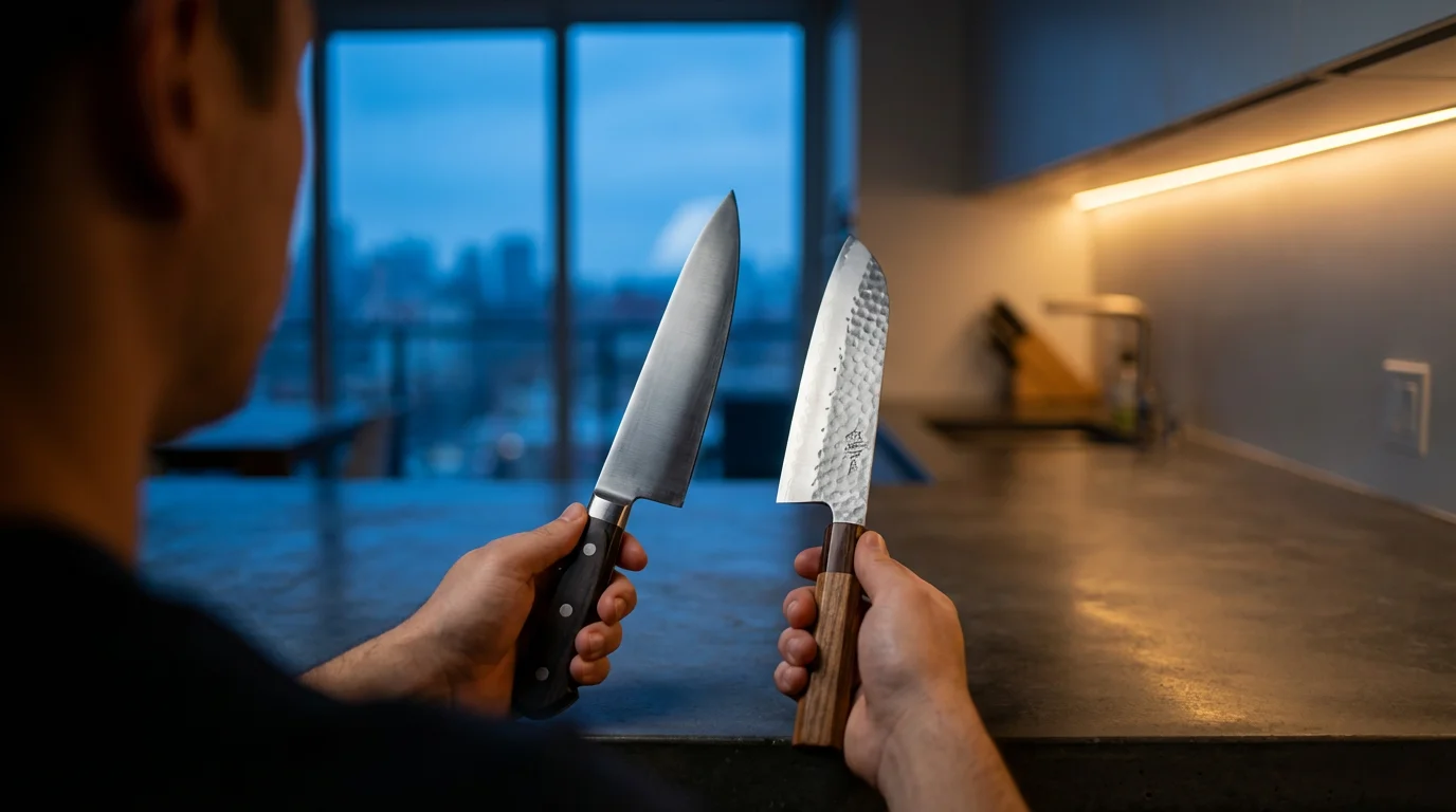 A person's hands comparing a classic chef's knife and a santoku knife at blue hour.