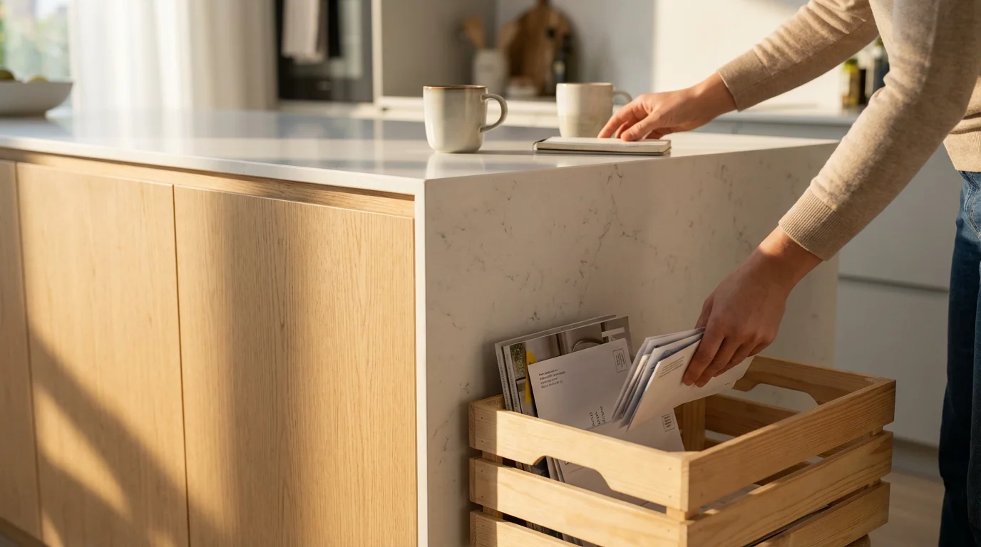 A person's hands decluttering a modern white quartz kitchen island into a wooden crate.