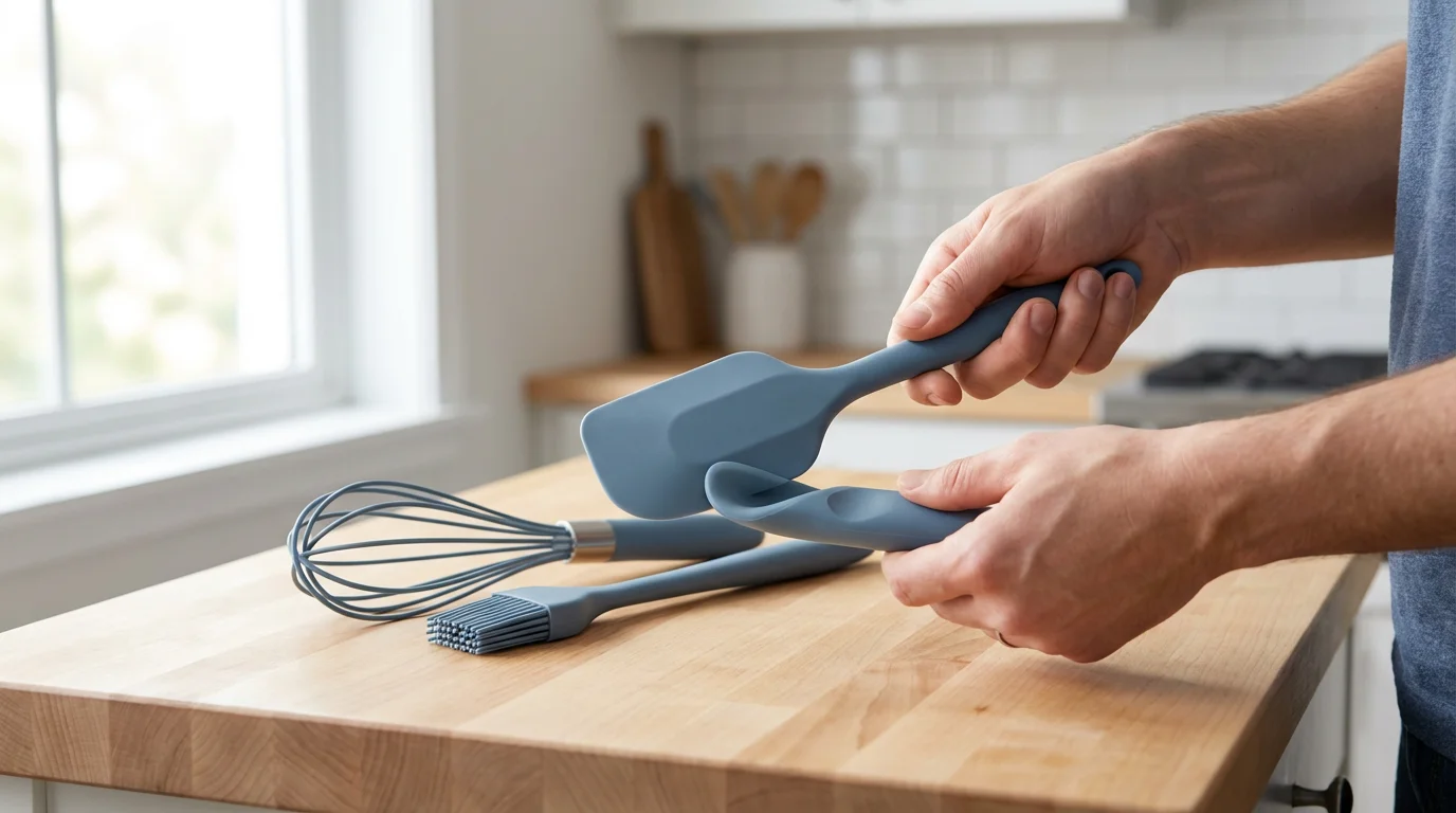 A person's hands examining a new set of dusty blue silicone kitchen utensils.