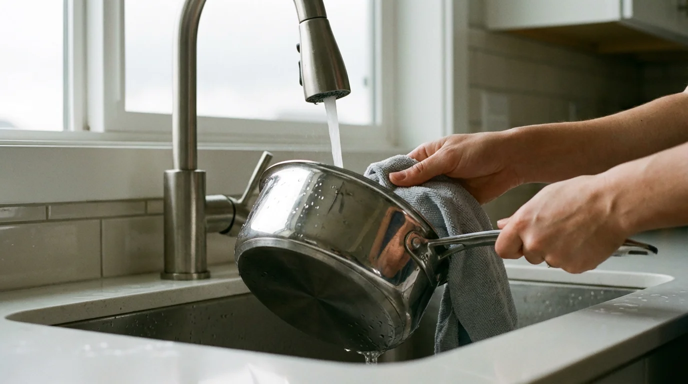 A person's hands gently washing a stainless steel saucepan in a clean kitchen sink.