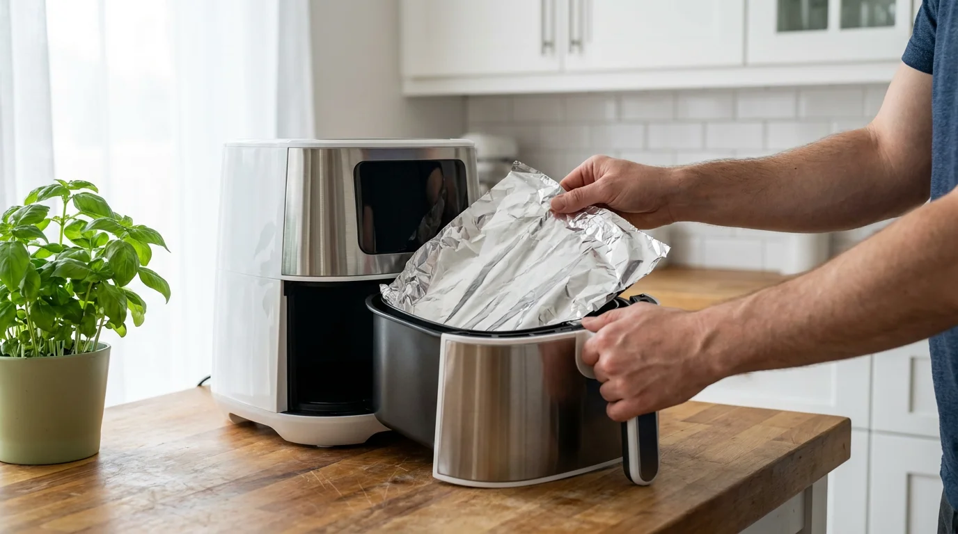 A person's hands incorrectly lining an air fryer basket with aluminum foil in a kitchen.