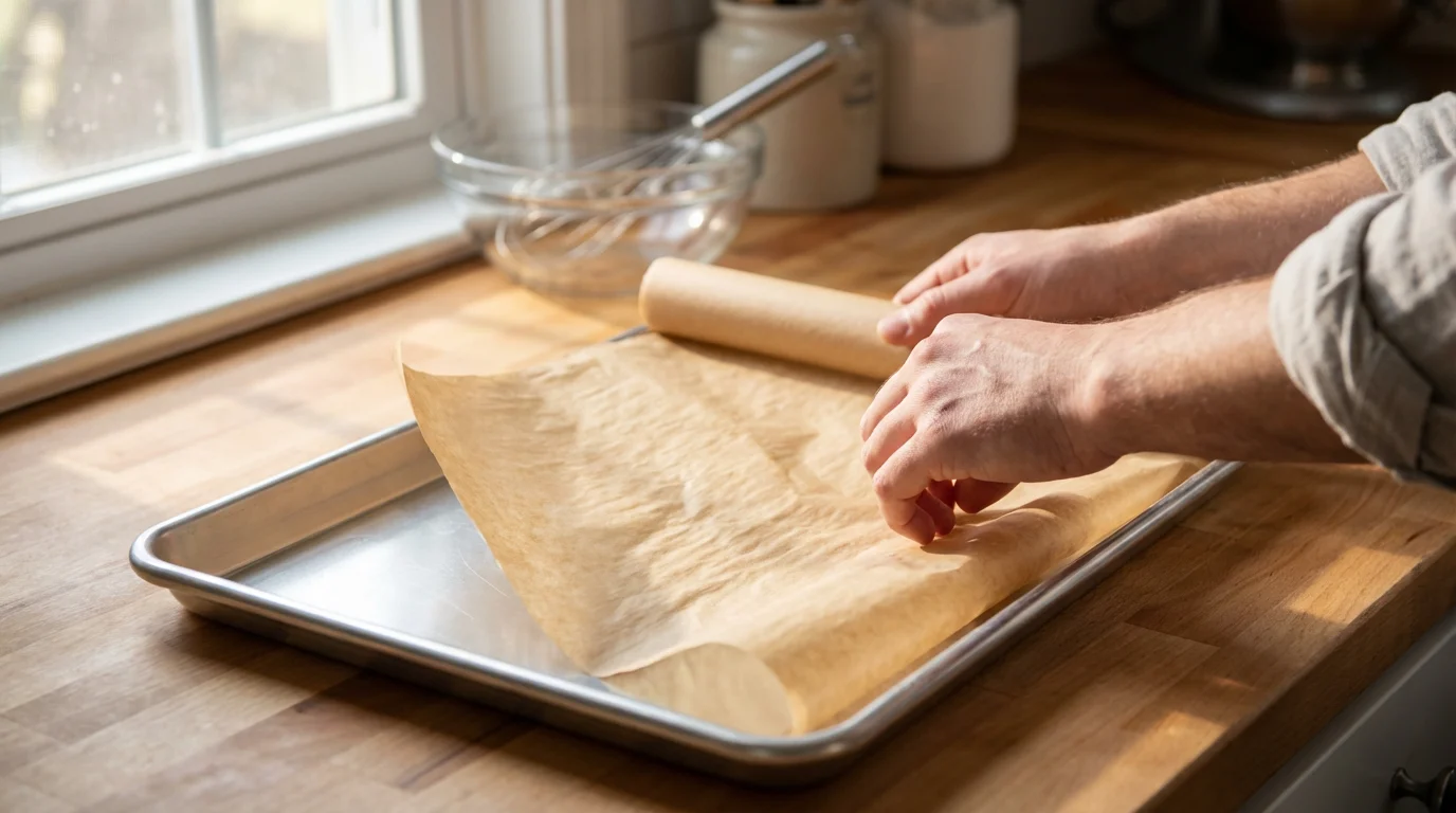 A person's hands lining an aluminum baking sheet with parchment paper on a kitchen counter.