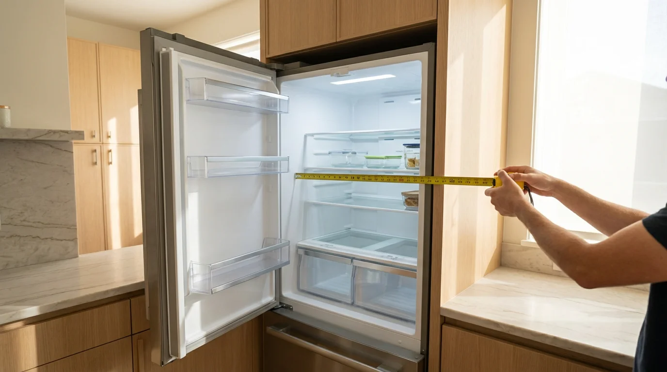 A person's hands measuring an empty refrigerator shelf to choose the right organizer bins.