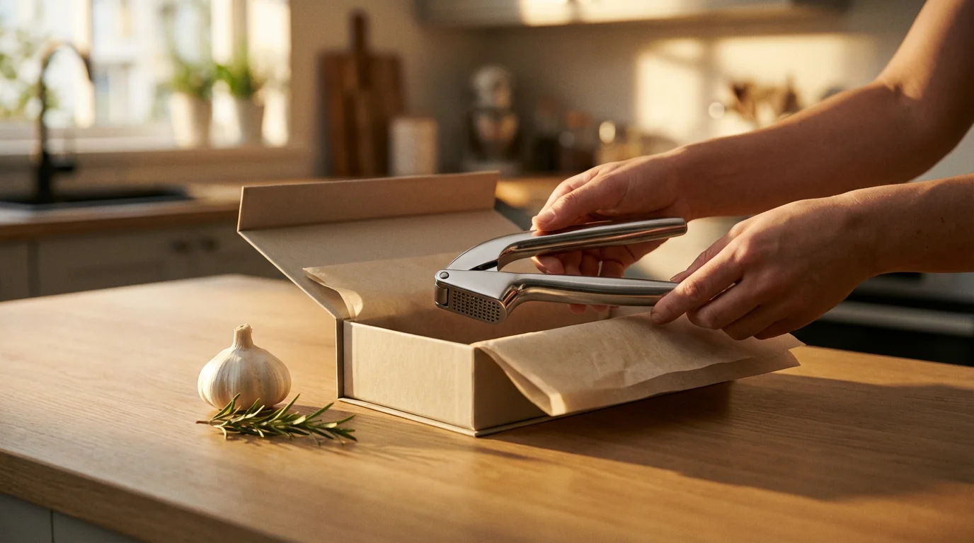 A person's hands placing a modern stainless steel garlic press into a gift box.