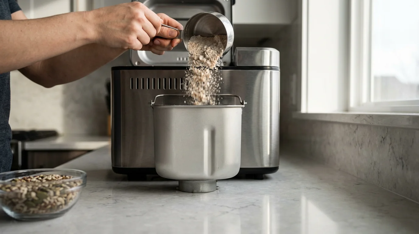 A person's hands pouring flour into a modern bread machine on a kitchen counter.