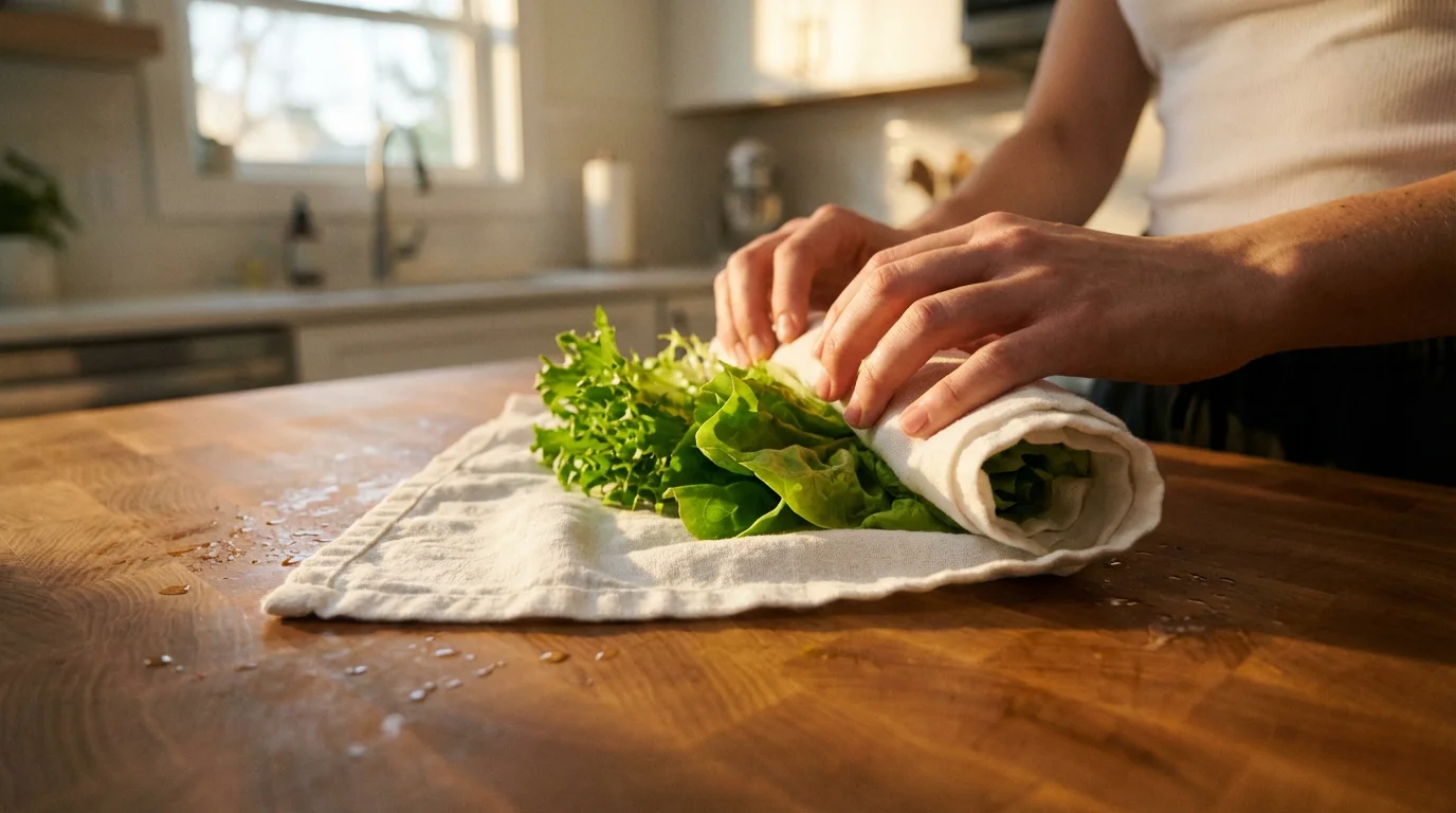A person's hands rolling wet green lettuce in a white towel on a countertop.