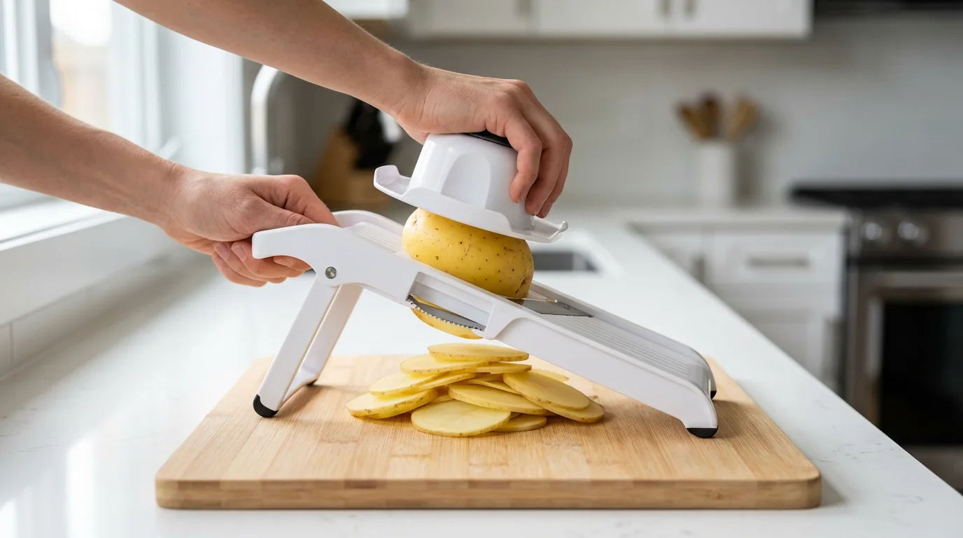 A person's hands safely using a mandoline slicer with a food guard for a potato.