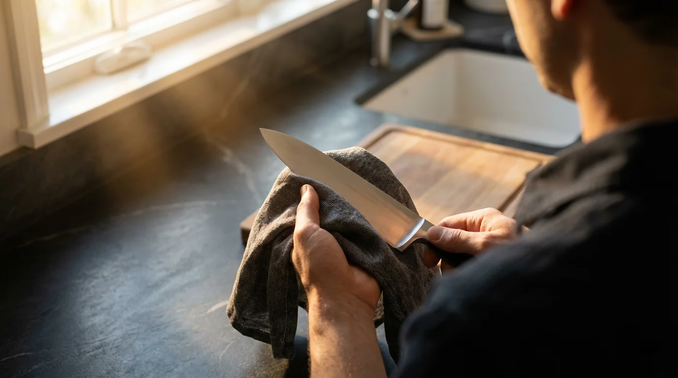 A person's hands seen from over their shoulder carefully drying a chef's knife.