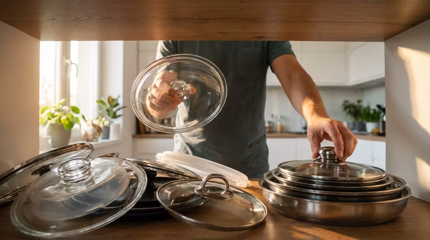 A person's hands sorting through a messy pile of pot lids on a countertop.