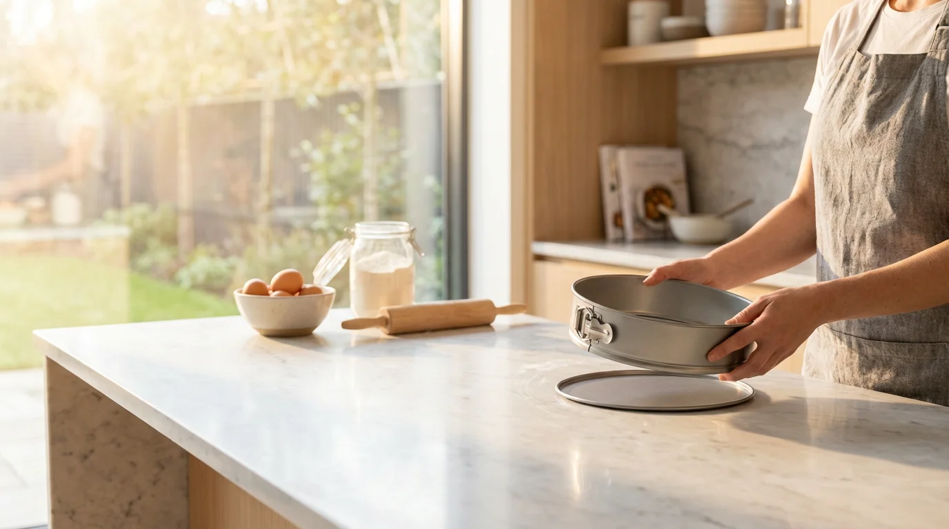 A person's hands unlatching a two-piece springform pan in a bright, modern kitchen.