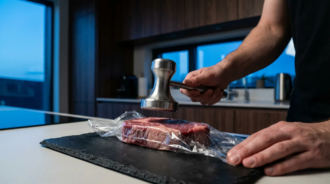 A person's hands using a steel meat pounder to tenderize a sirloin steak.
