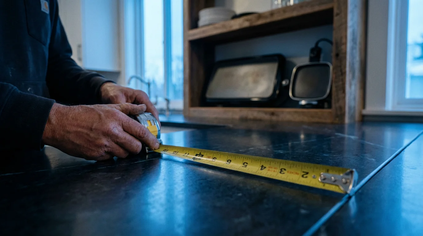 A person's hands using a tape measure on a kitchen counter for griddle space.