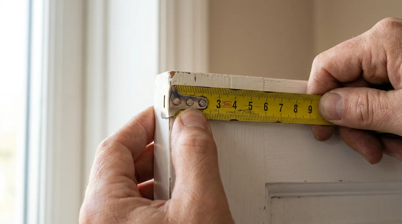 A person's hands using a yellow tape measure on top of a white door.