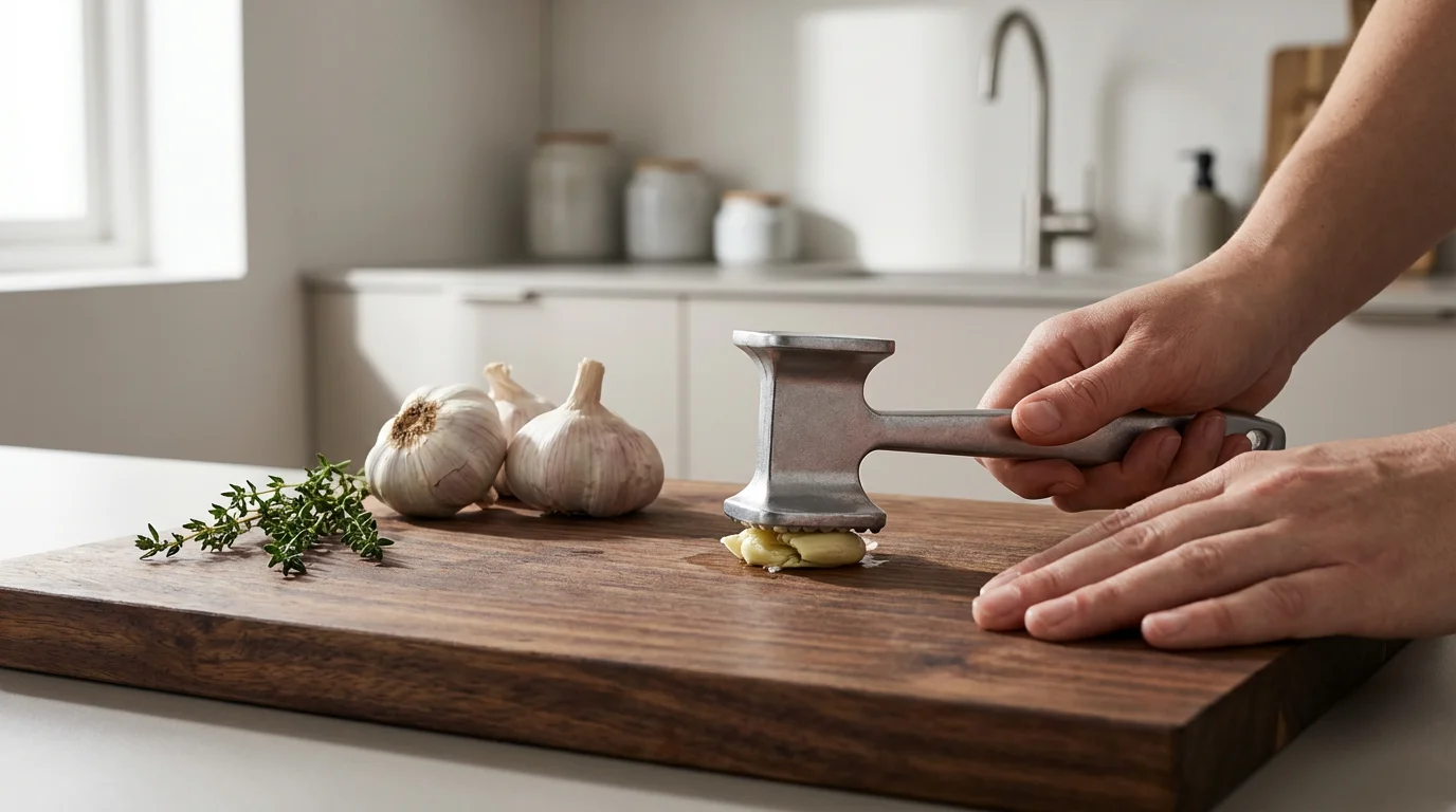 A person's hands using the flat side of a meat mallet to smash garlic.