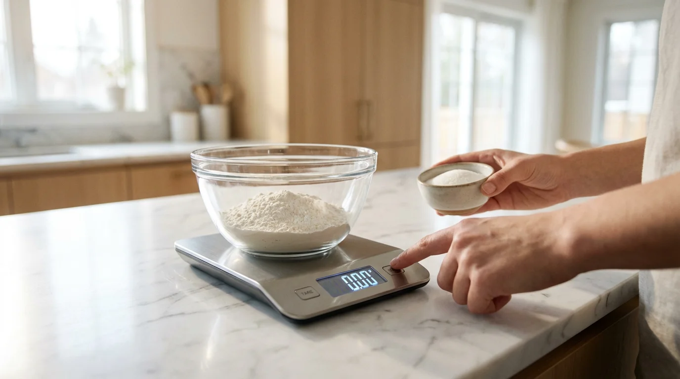 A person's hands using the tare function on a digital kitchen scale for baking.