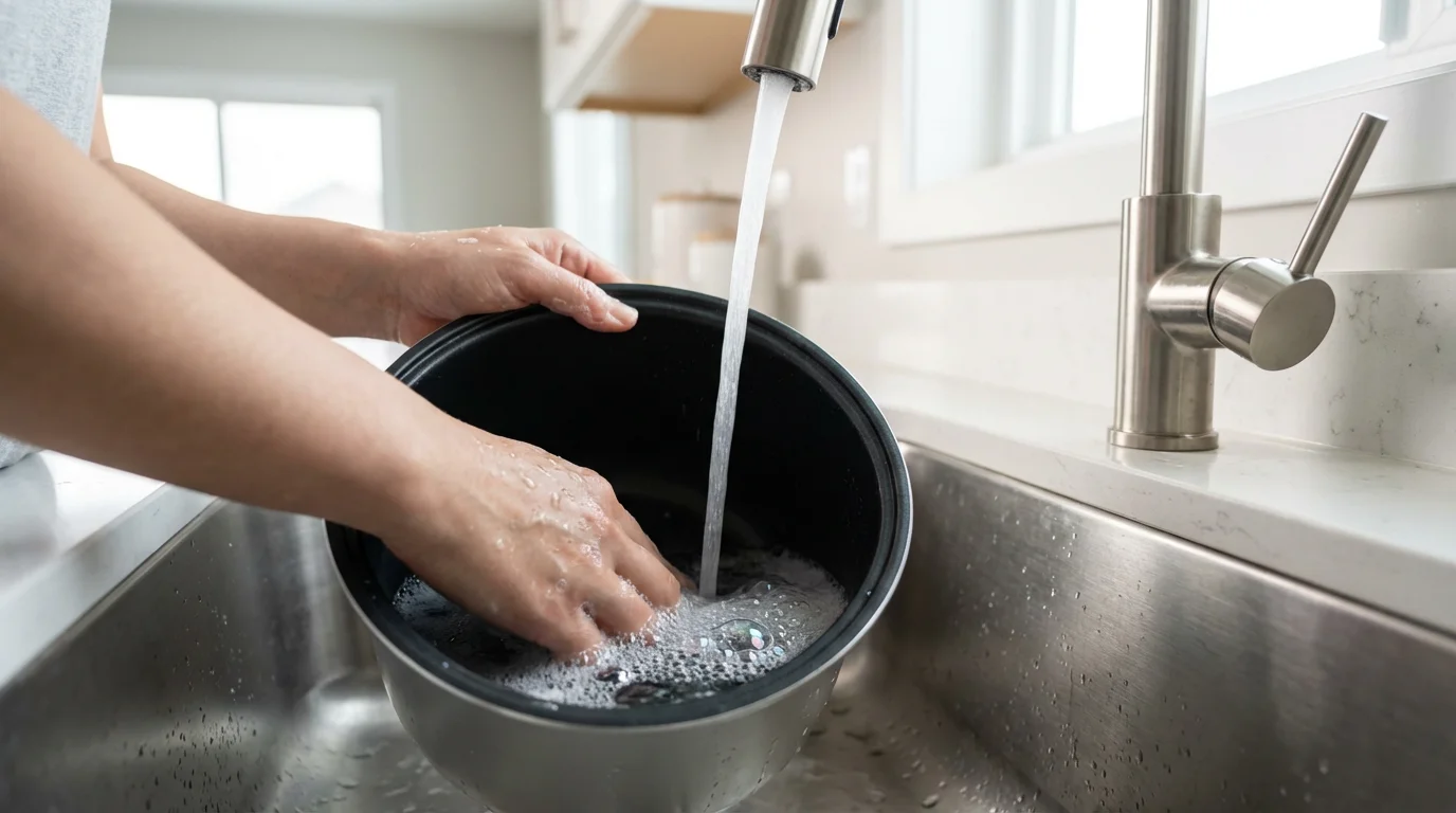 A person's hands washing a rice cooker's removable inner pot in a sunlit kitchen sink.