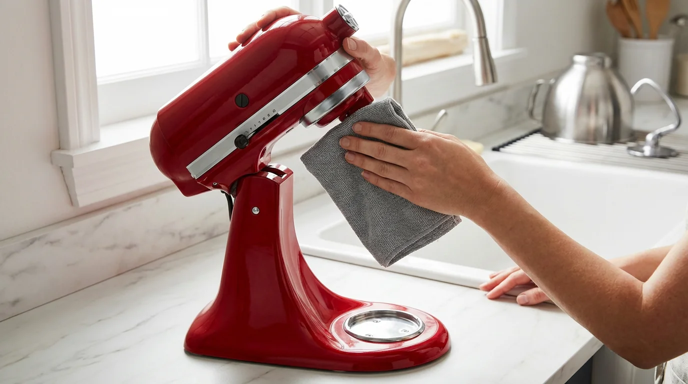 A person's hands wiping down a red stand mixer on a kitchen counter.