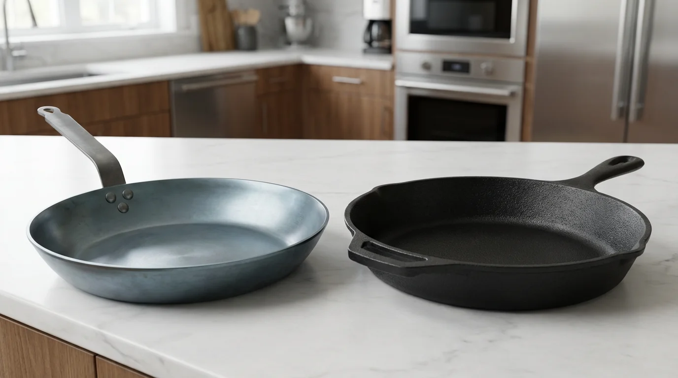 A photorealistic eye-level shot of a carbon steel pan and a cast iron skillet.