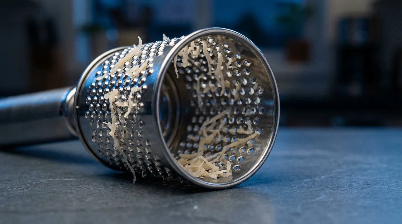 A photorealistic macro shot of a rotary grater drum with parmesan cheese.