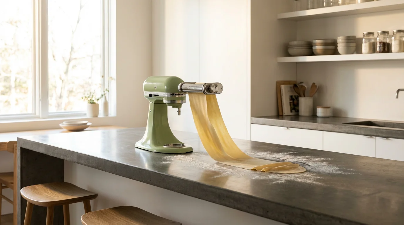 A pistachio green stand mixer with a pasta attachment in a modern sunlit kitchen.