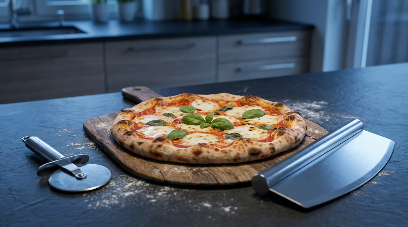 A pizza wheel and a rocker blade cutter presented on either side of an uncut pizza.