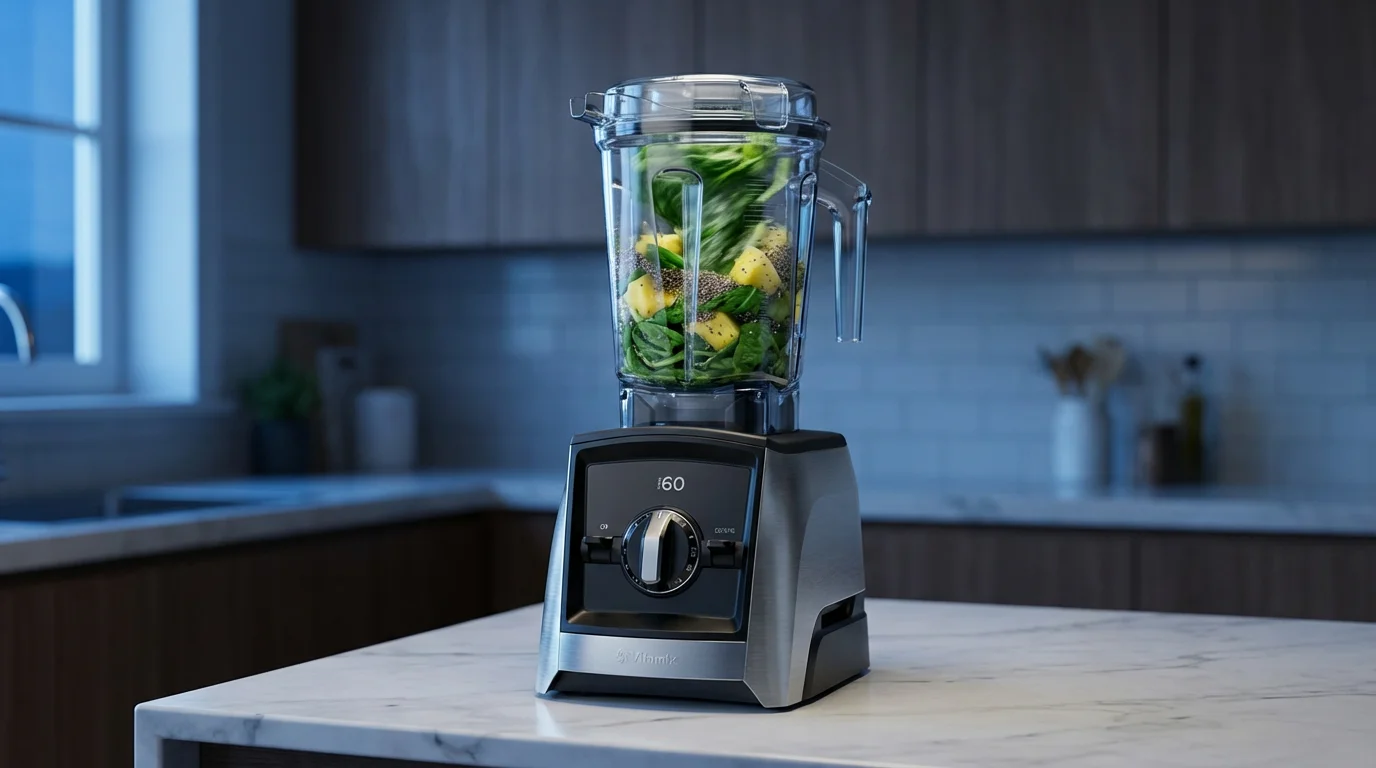 A powerful modern blender in action, creating a green smoothie vortex during blue hour.