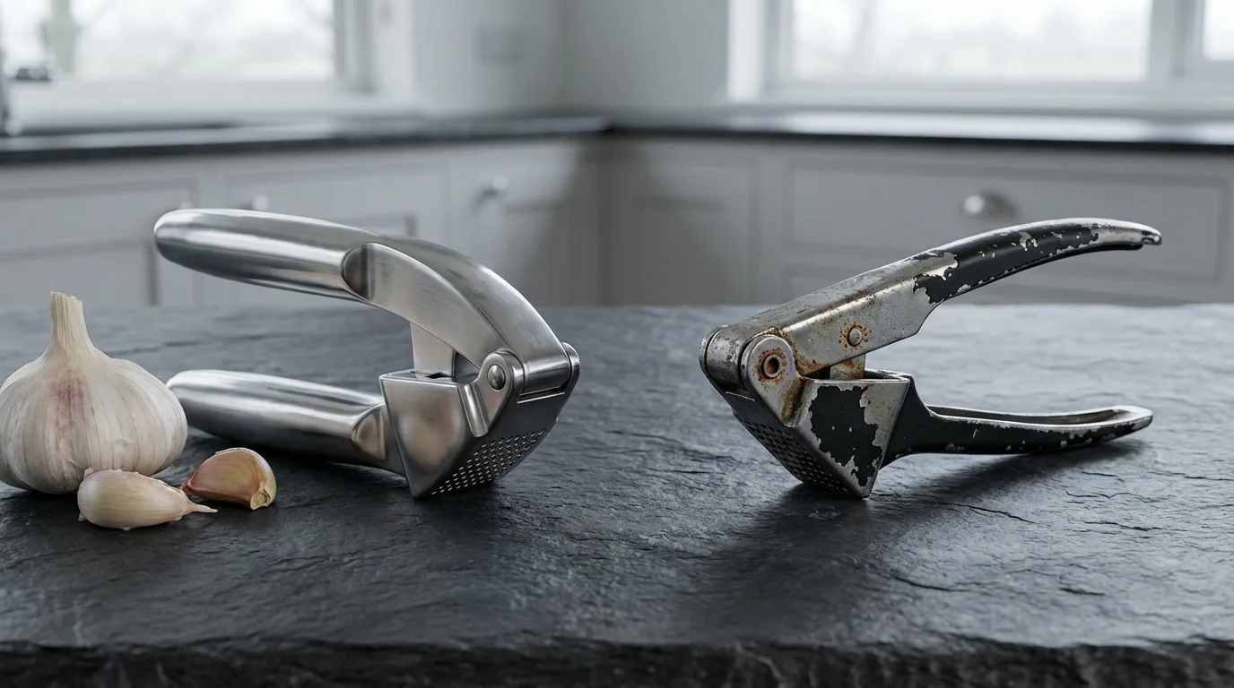 A pristine stainless steel garlic press next to a worn, rusty one on a slate countertop.