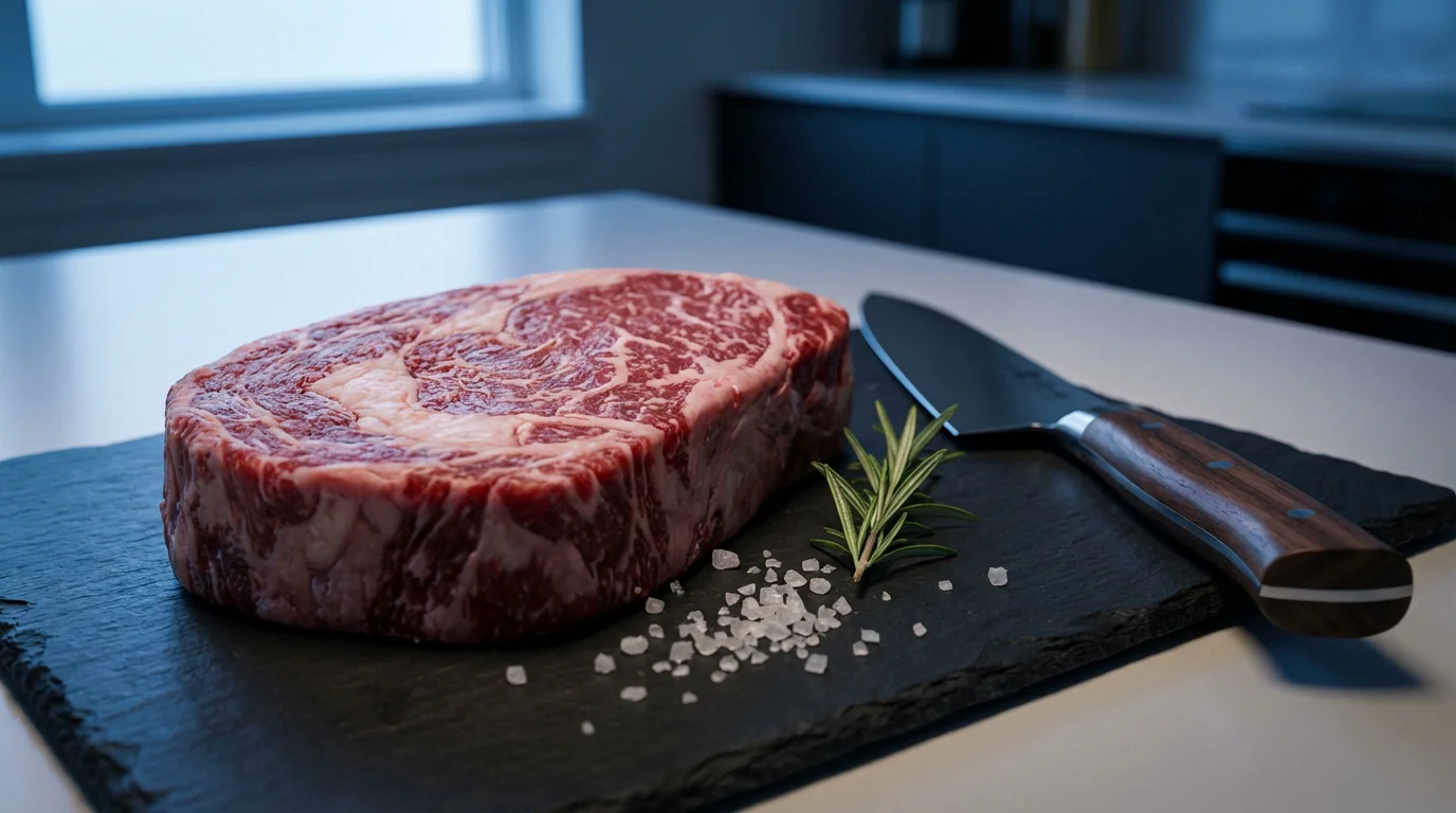 A raw ribeye steak and a chef's knife on a slate cutting board.