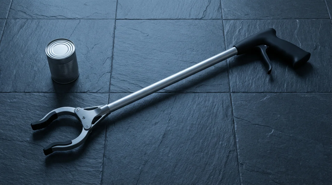 A reacher-grabber accessibility aid and a fallen can on a kitchen floor.